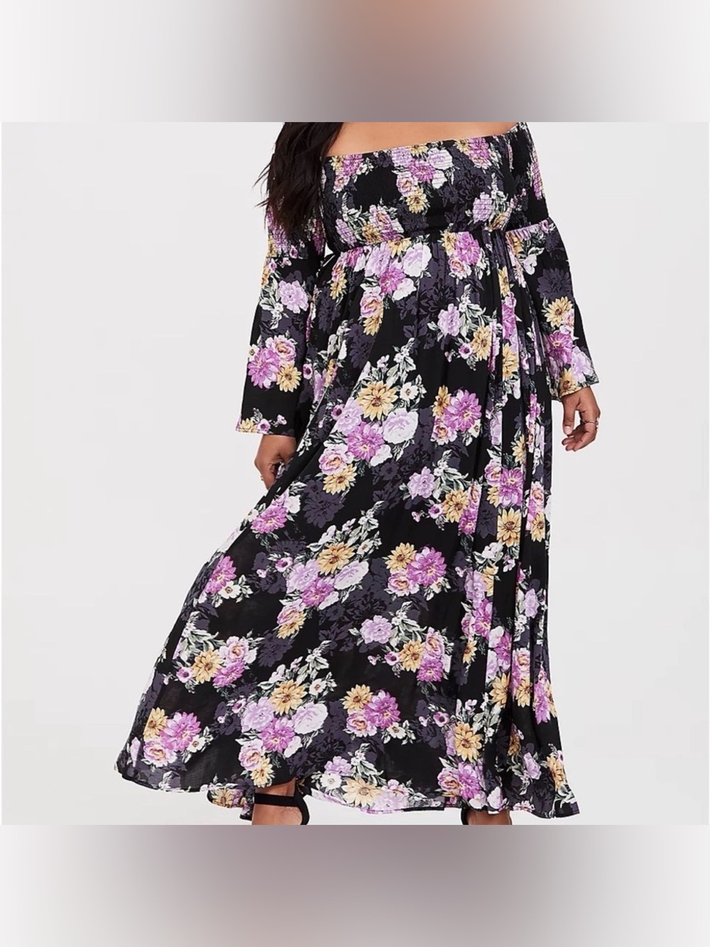 Torrid Women Dress Sz 2 Black Floral Fit & Flare Maxi Romantic Smocked Relaxed